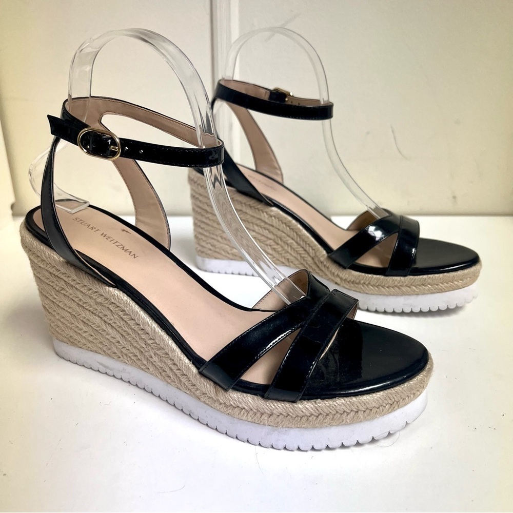 Stuart Weitzman Catalina Patent Leather Espadrille Wedge Sand ankle straps 9M